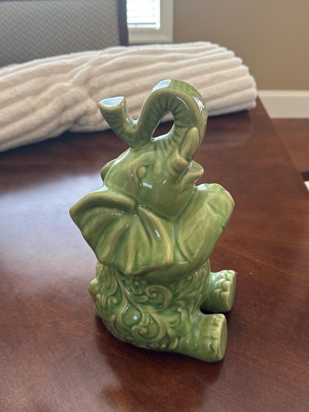 Glazed Green Ceramic Elephant Figurine for Home Decor
